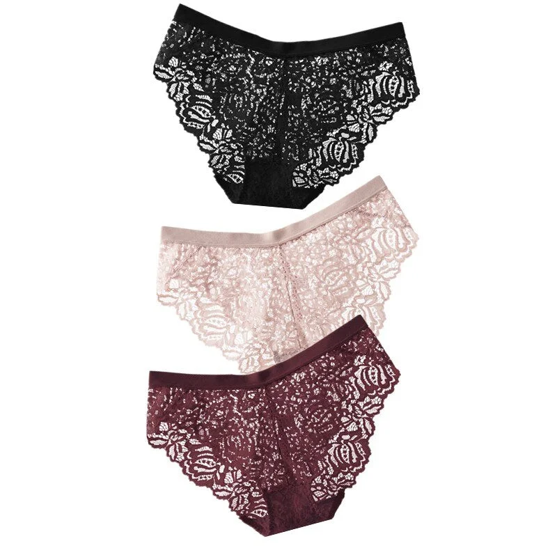 3PCS Sexy Lace Panties Soft Breathable Briefs Women Underwear Ladies Panty Transparent Tempting Low-Rise Cotton Lingerie Solid