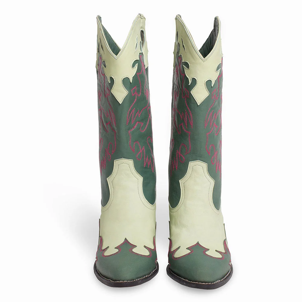 Green Patchwork Chunky Heel Embroidered Western Boots for Women