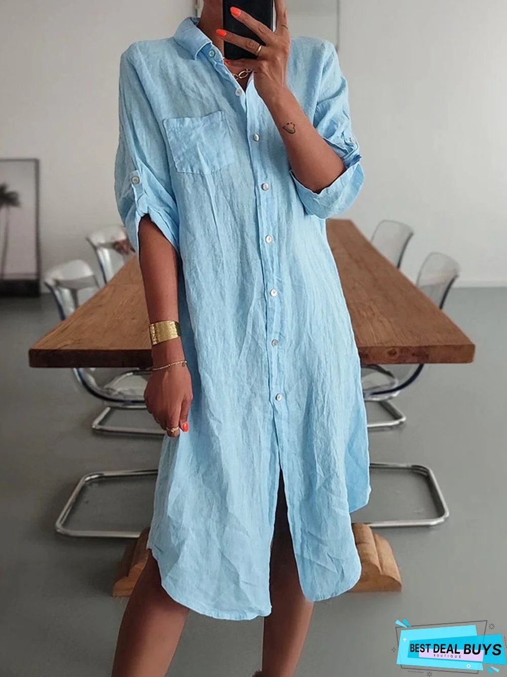 Casual Plain Autumn Lightweight Daily Midi Standard Long sleeve A-Line Dress for Women