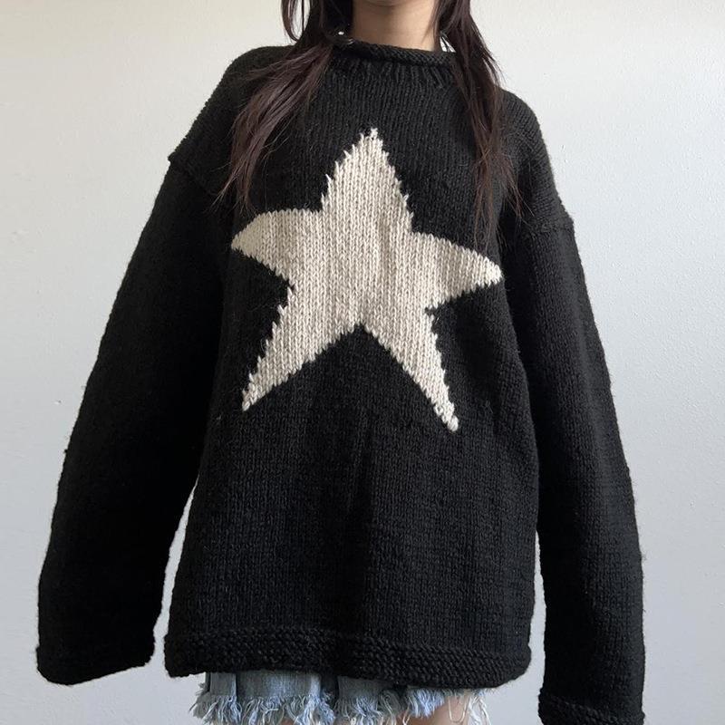 STAR CONTRAST LOOSE PULLOVER SWEATER