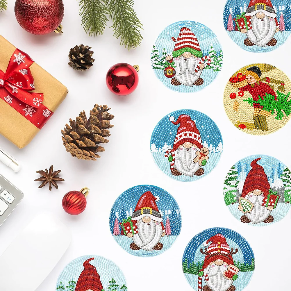 8pcs DIY Christmas Gnome Diamond Painting Art Coaster Kit Acrylic Round Diamond Painting DIY Coaster