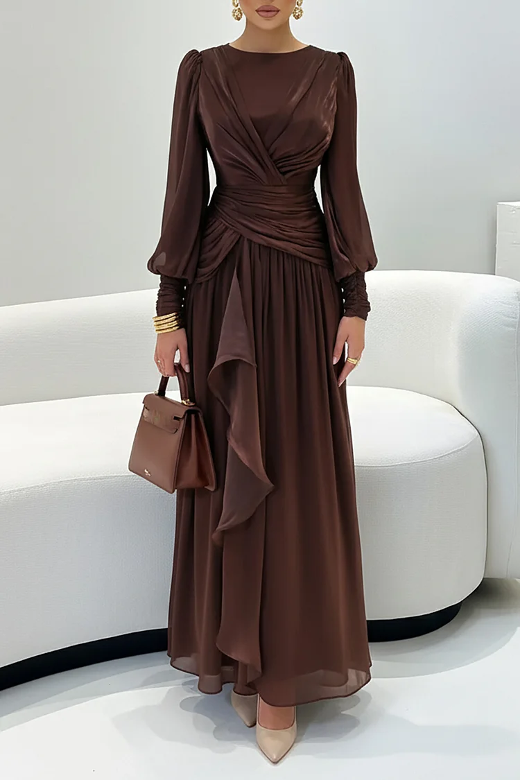 Ruched Cinch Waist Ruffled Party Solid Color Maxi Dresses Brown-S
