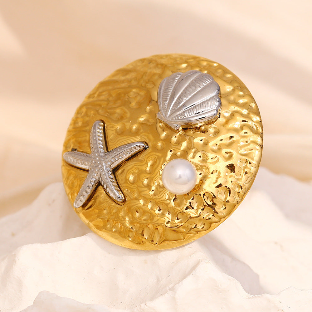 Fashionable Niche Exaggerated Hand Jewelry Stainless Steel Plated 18K Gold Starfish Shell Pearl Round Face Open Ring