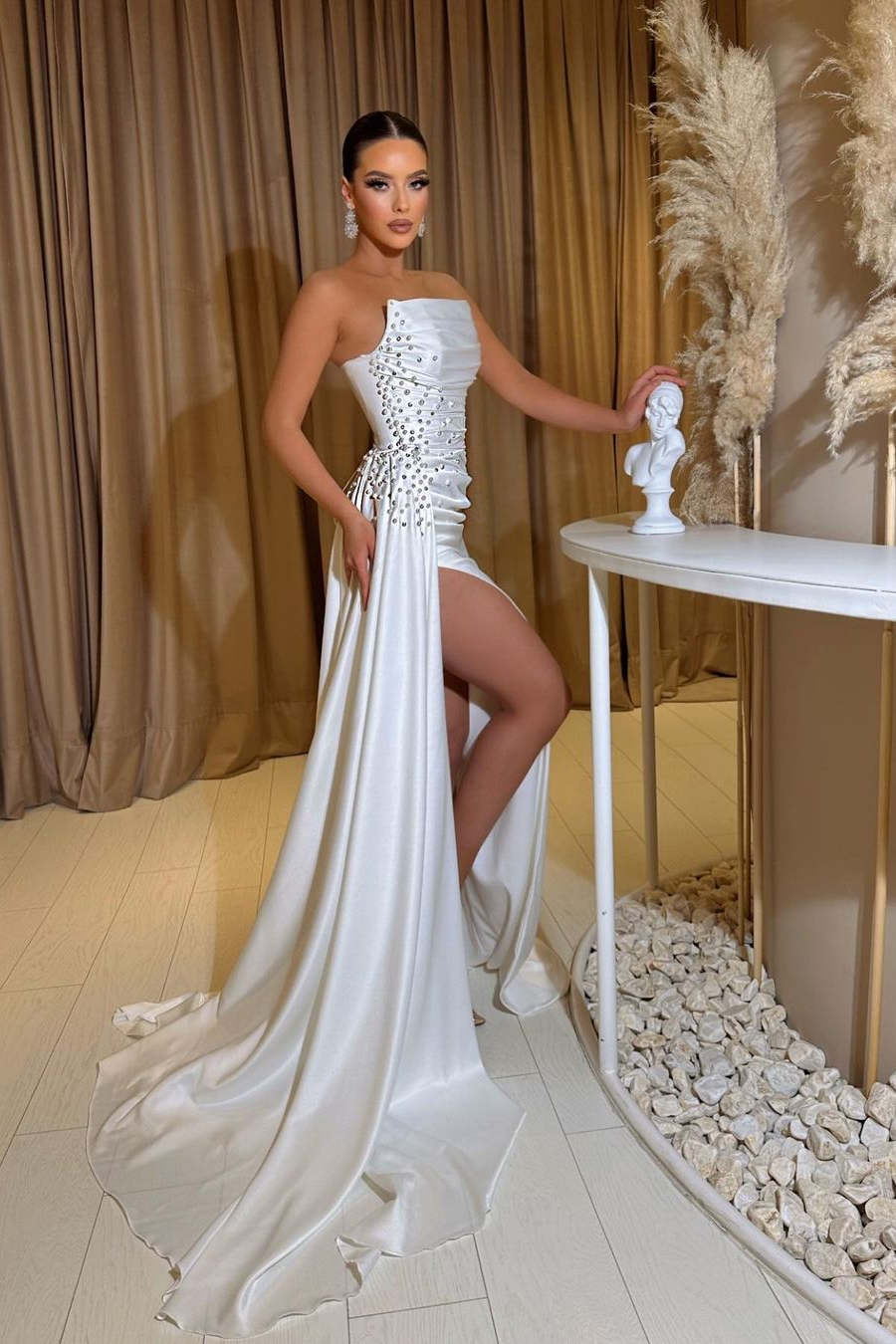 Dresseswow White Strapless Mermaid Prom Dress Pearls With Split Ruffles