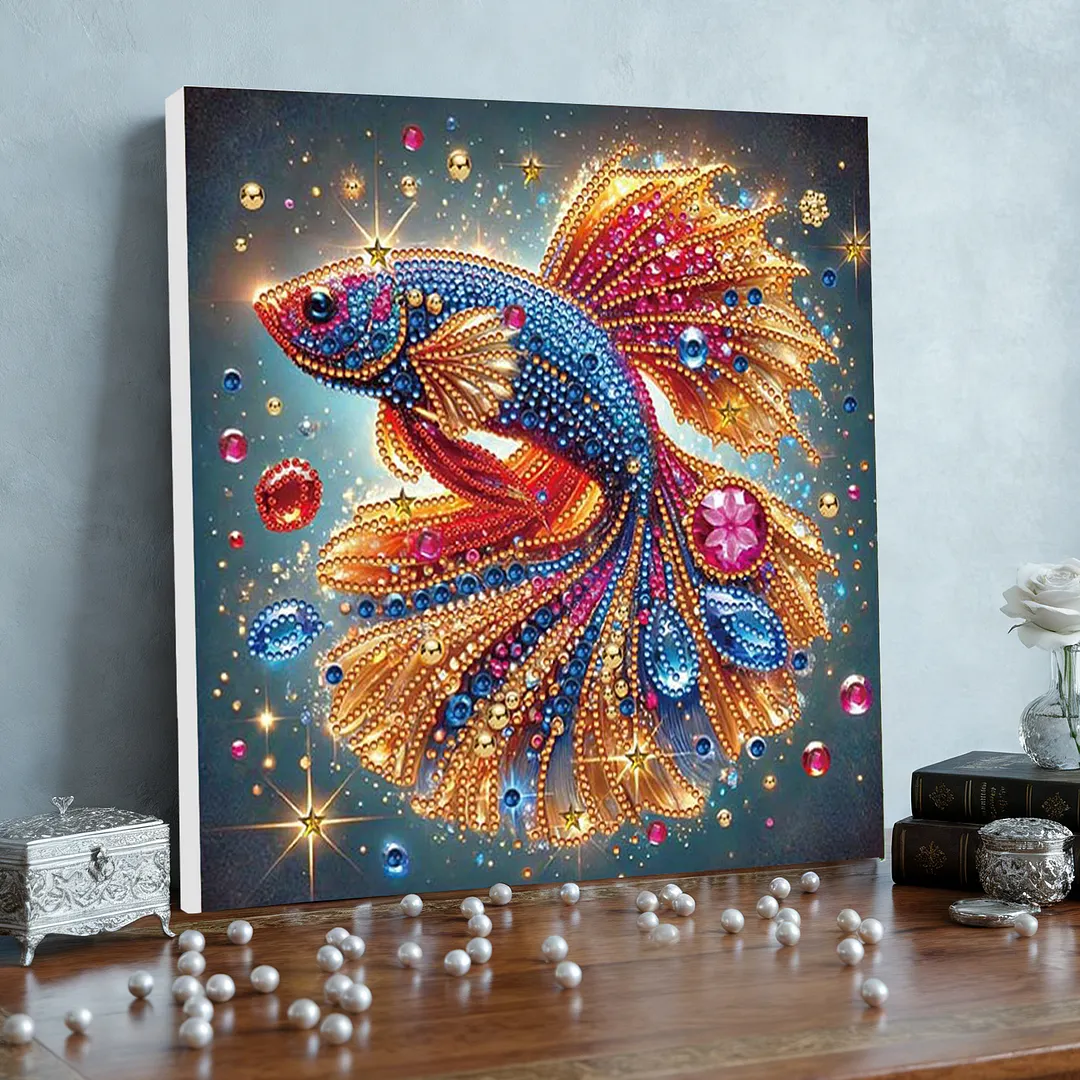 Fish DIY Special Shape Drill Art Craft Pearl Diamond Painting with Frame 25x25cm Diamond Art Pearl Painting Kit for Adults Beginners Home Decor
