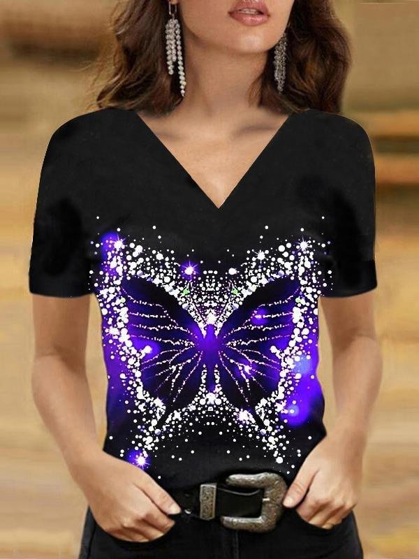 Butterfly Print V-Neck T-Shirt