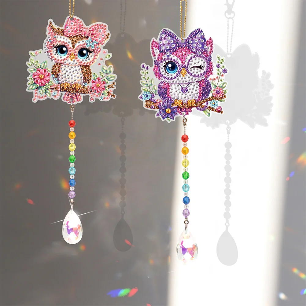 2Pcs 5D DIY Diamond Painting Sun Catcher Crystal Painting Ornaments (Owl)