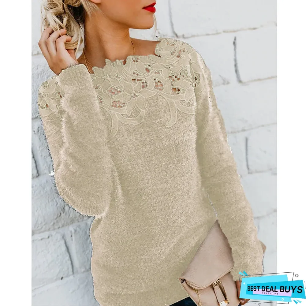 Long Sleeved Sweater Stitched Solid Lace Sweater