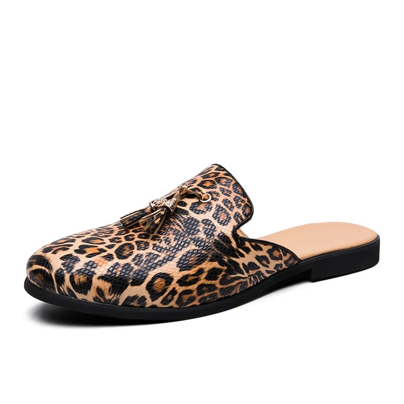 Summer Men Half Slippers Brand Youth Fashion Men Shoes Half Drag Loafers Shoes Casual Shoes Men Leopard Print Soft Flats Shoes