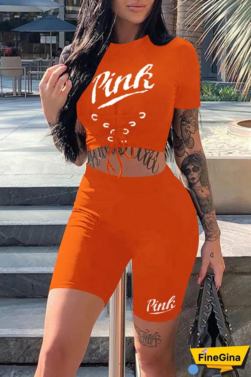 Black Casual Sportswear Print Bandage Patchwork O Neck Short Sleeve Two Pieces