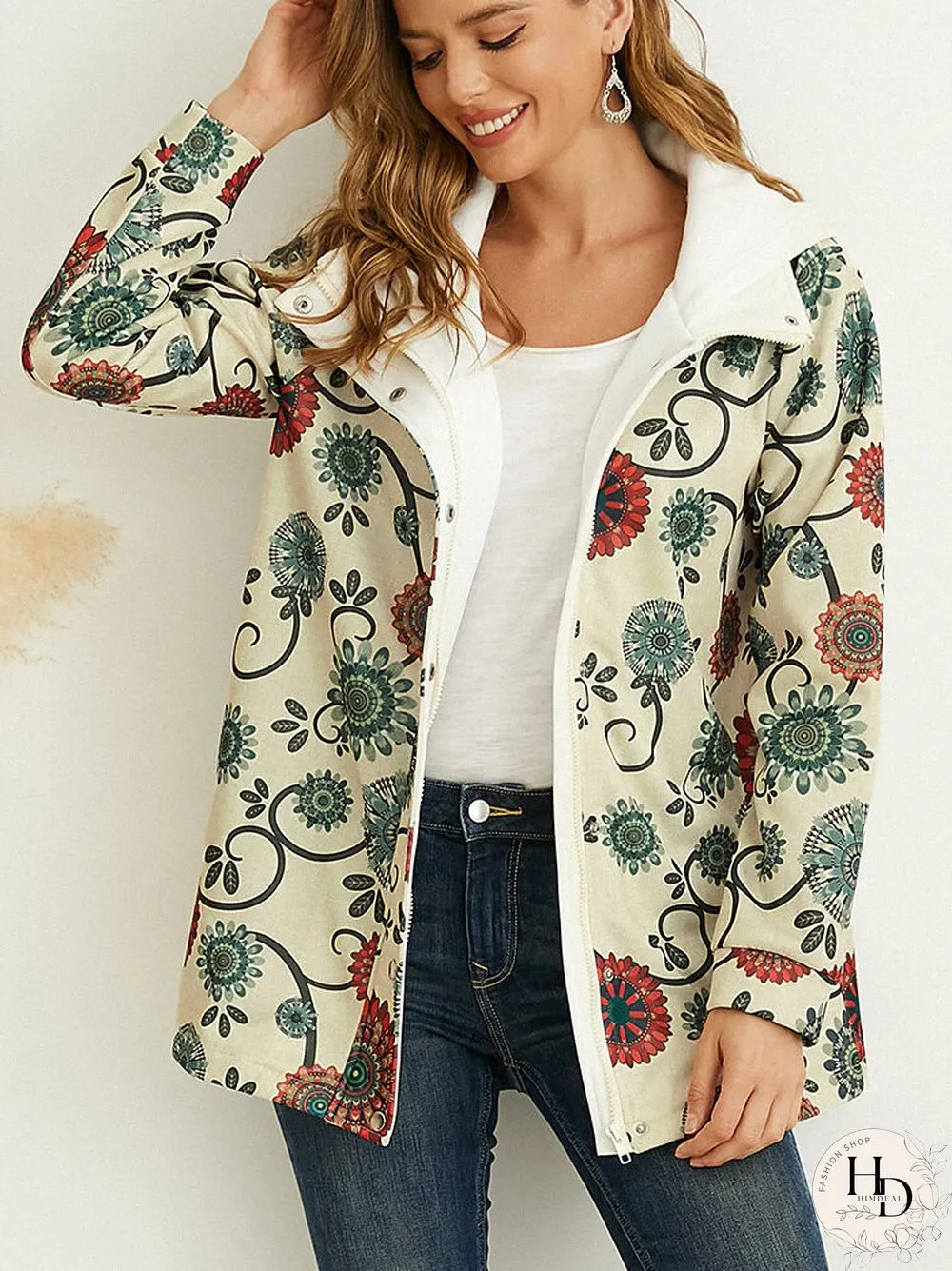 Flower Print Button Pocket Hooded Casual Jacket for Women
