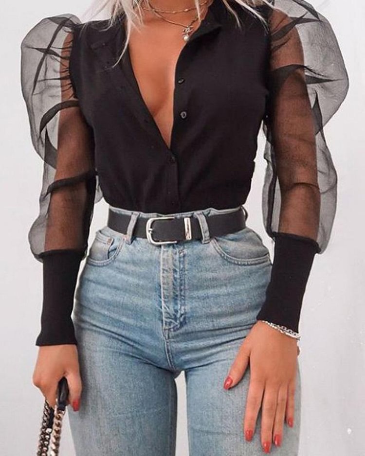 V-neck Black Leg-of-Mutton Sleeve Top
