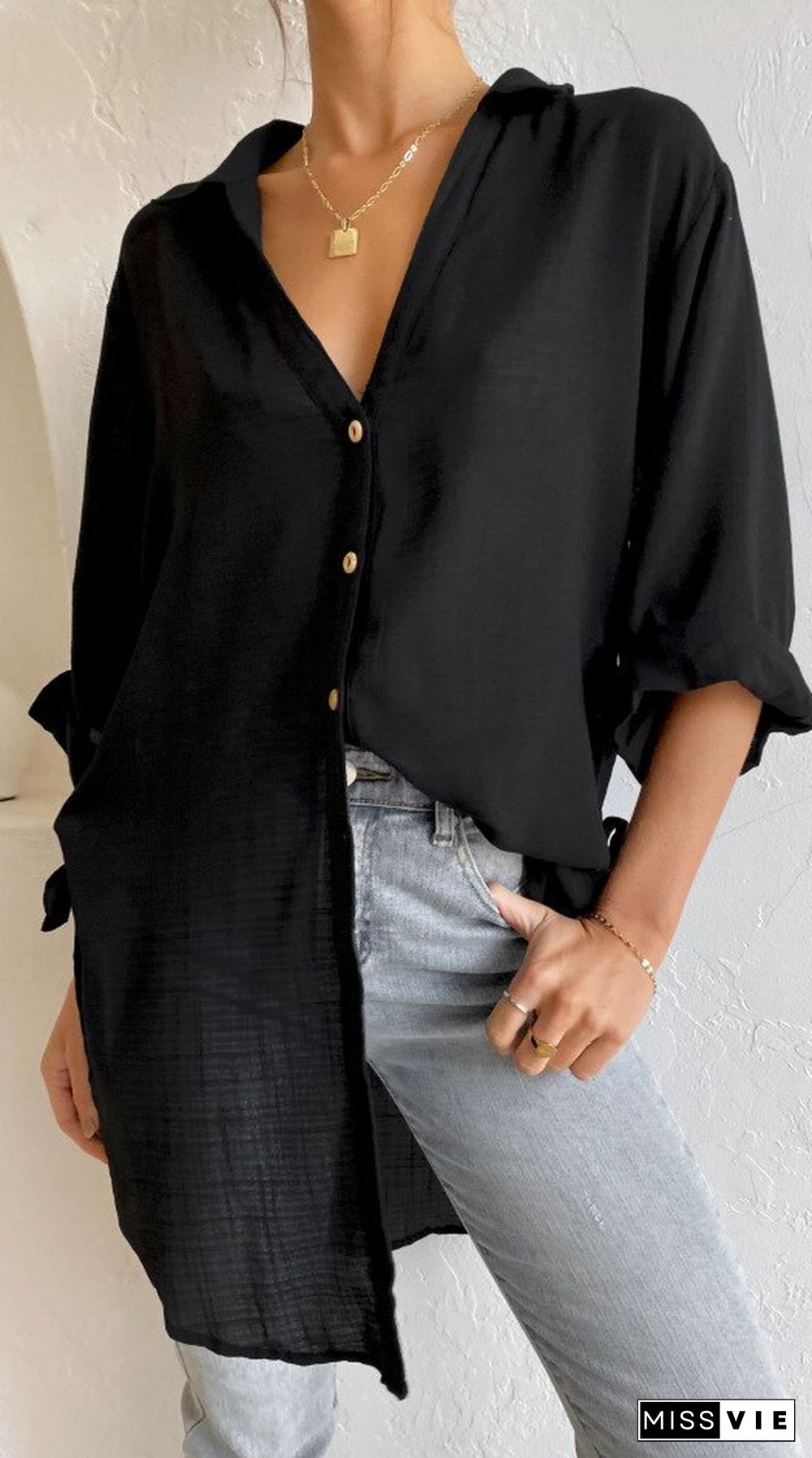 Fashion New Women's Polo Shirt Side Tie Seven-point Trumpet Sleeve Casual Solid Color Cotton And Linen Long Shirt