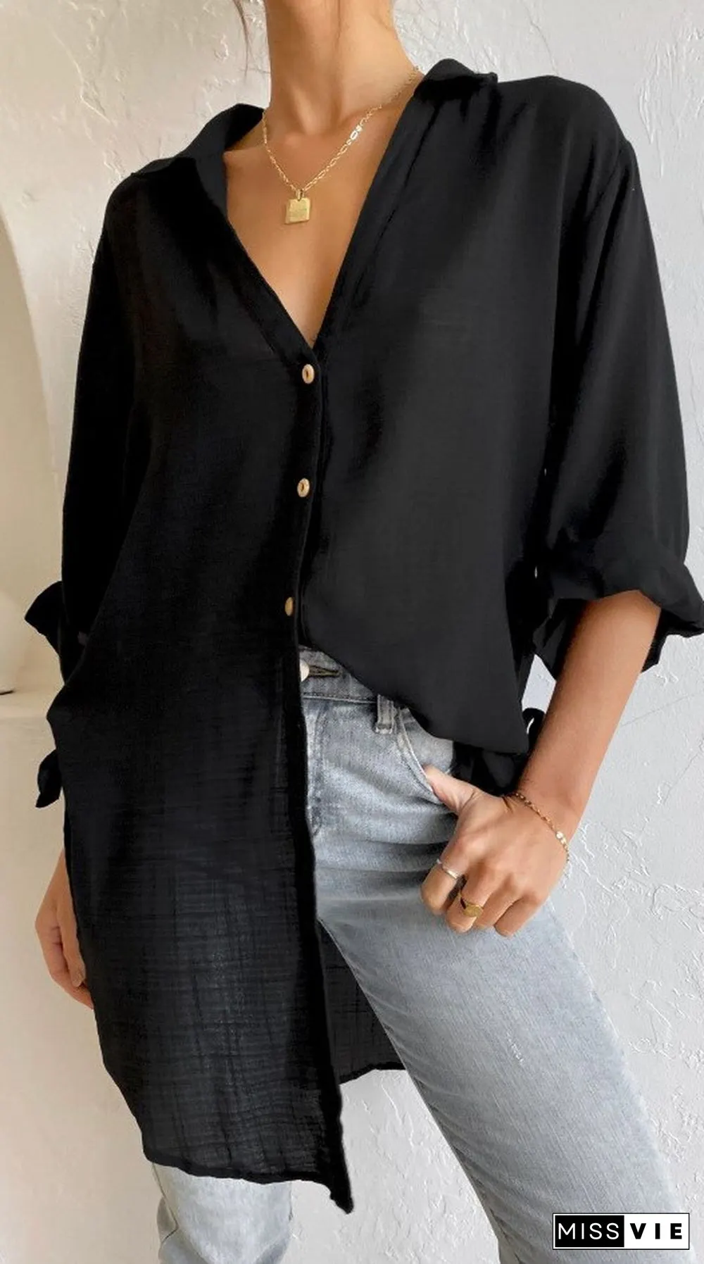 Fashion New Women's Polo Shirt Side Tie Seven-point Trumpet Sleeve Casual Solid Color Cotton And Linen Long Shirt