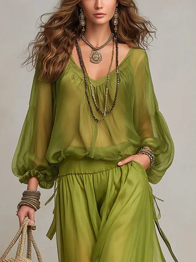 Casual Plain V Neck Balloon Sleeve Blouse mysite idetrend