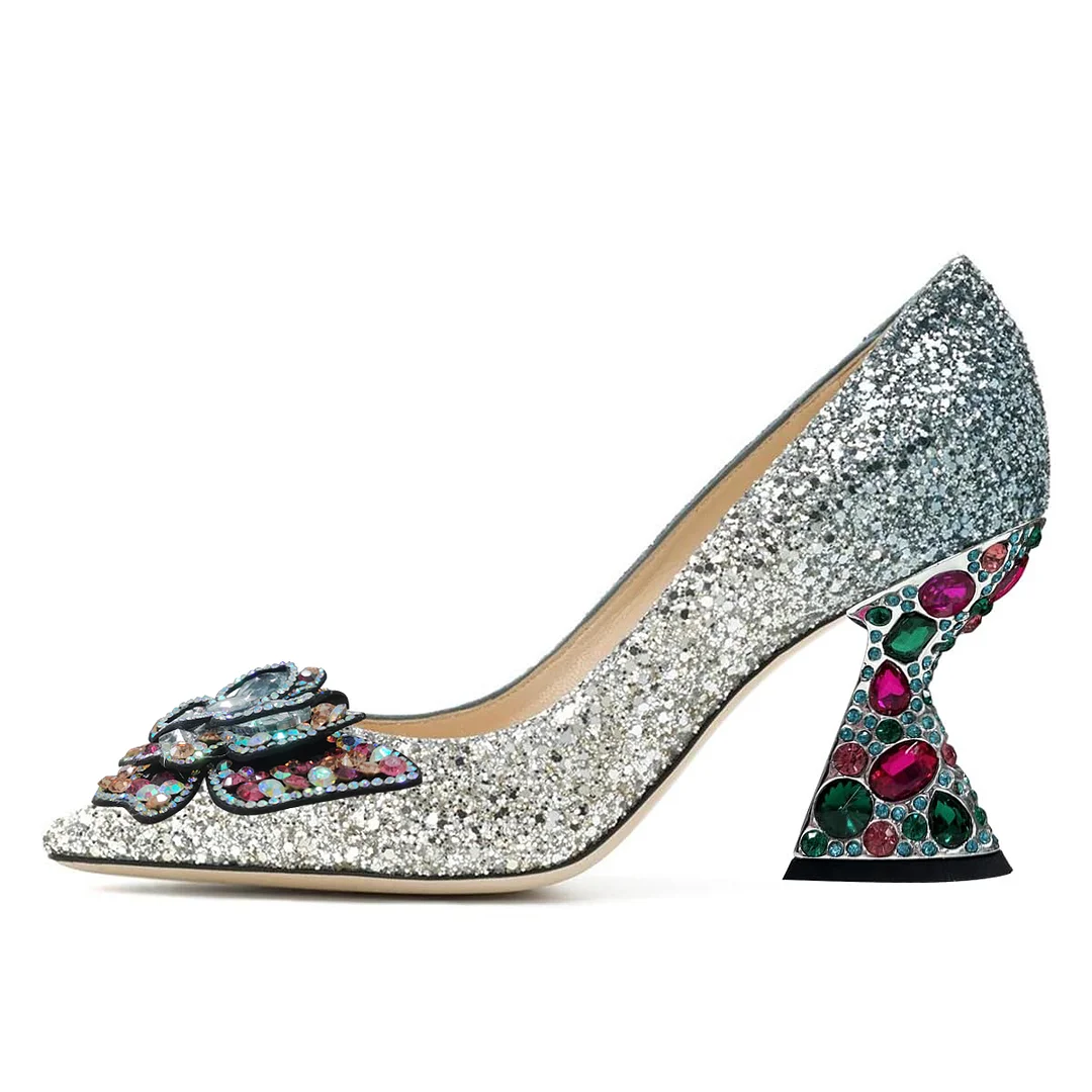 Silver Glittery Pointed Rhinestone Embellished Butterfly Party Heels