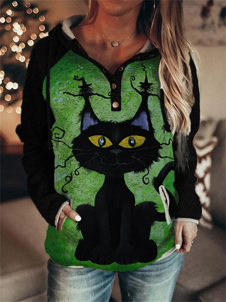 Halloween Black Cat Patchwork Button Up Hoodie