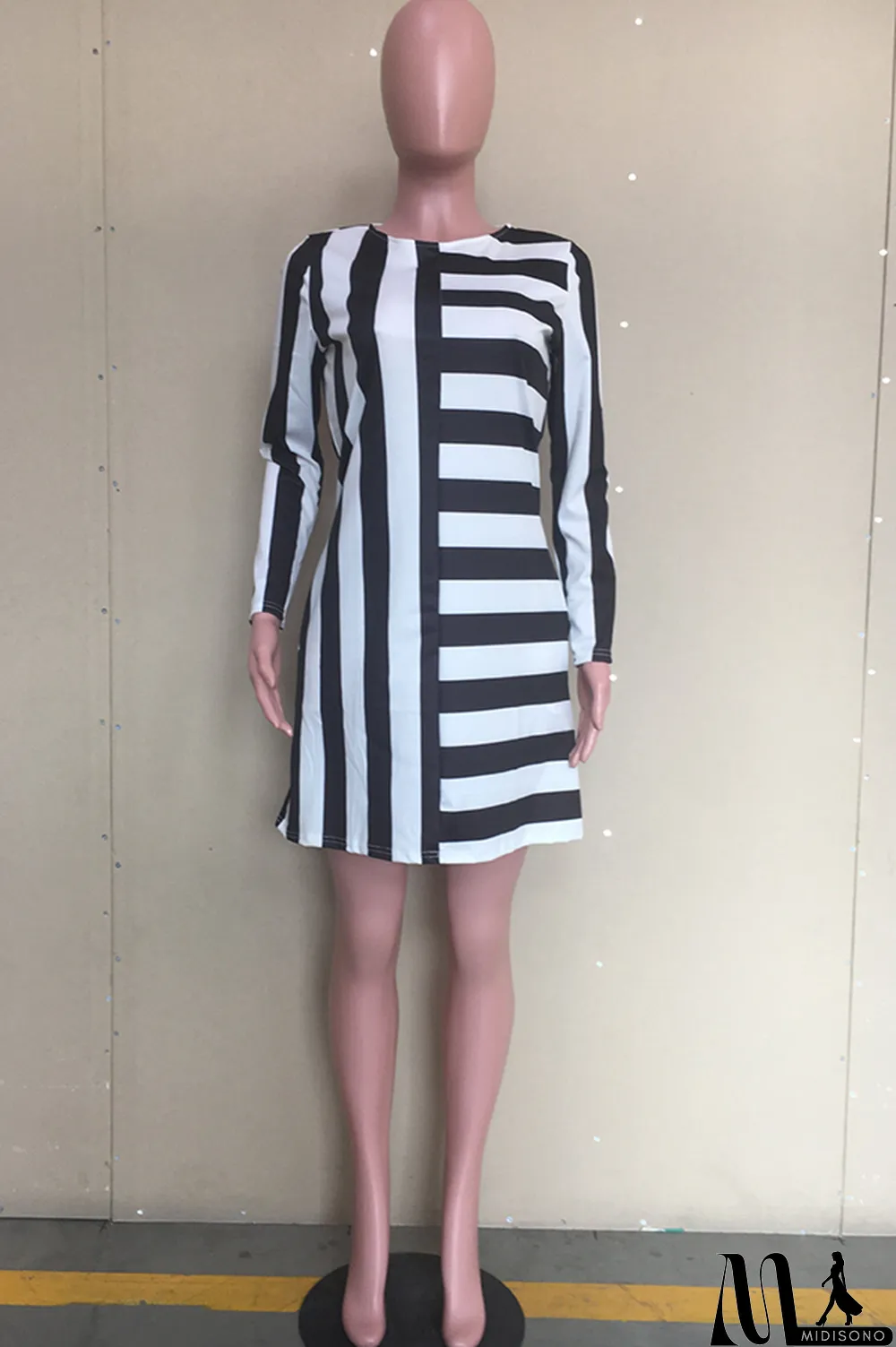 MidiSono - White Acetyl fiber Sweet Cap Sleeve Long Sleeves O neck Swagger Knee-Length Print Striped Patchwork