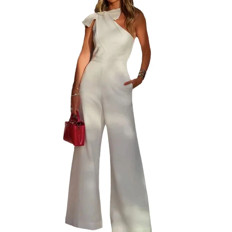 Toloer Toloer Summer New Fashion Inclined Shoulder Collar Waist Solid Color Wide Leg Jumpsuit Woman-Outfit Ideas