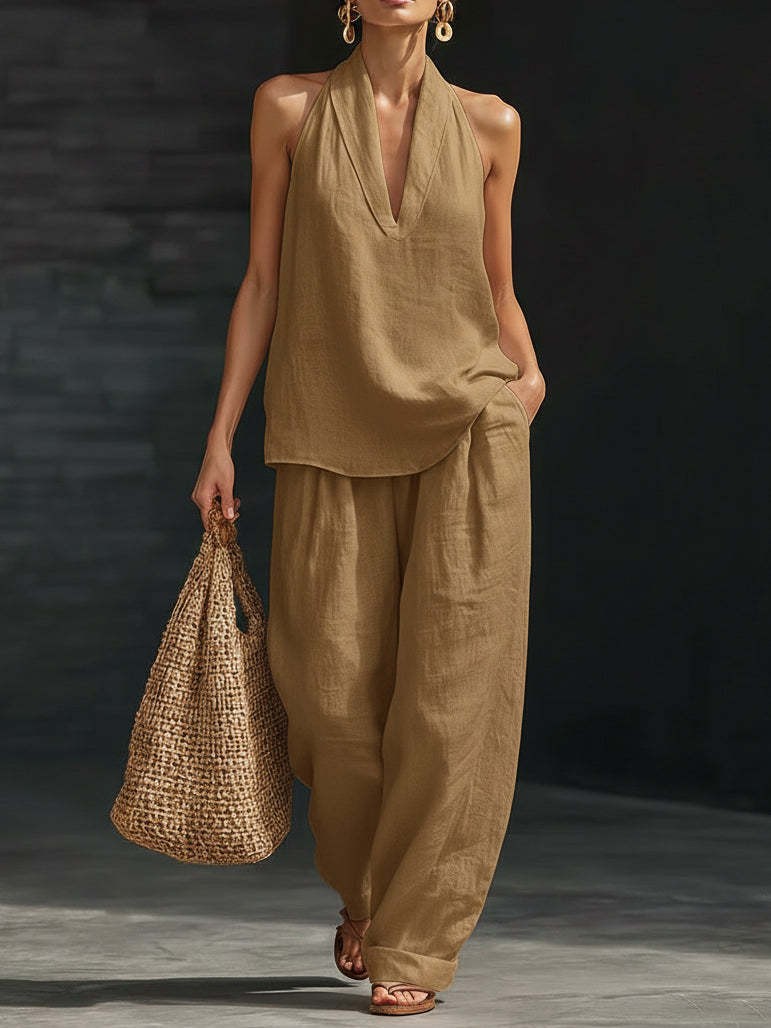 Boho Linen-Look Halter Set - Sleeveless V-Neck Top & Flowy Wide-Leg Pants Two-Piece Suite