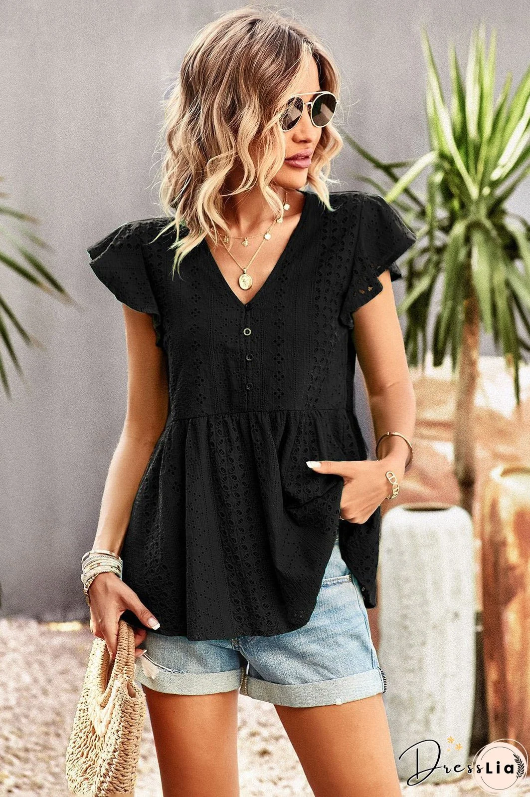 Fuchsia Cap Sleeves Lace V-Neck Blouse