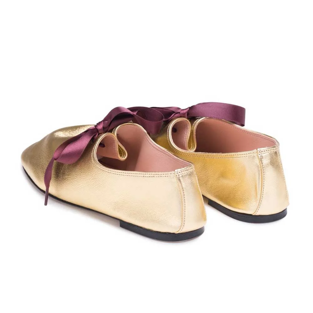 Women's Gold Faux Leather Round Toe Ballet Flats with Wine Bow