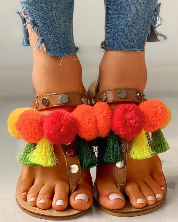 Colorful Fluffy Buckled Flat Sandals