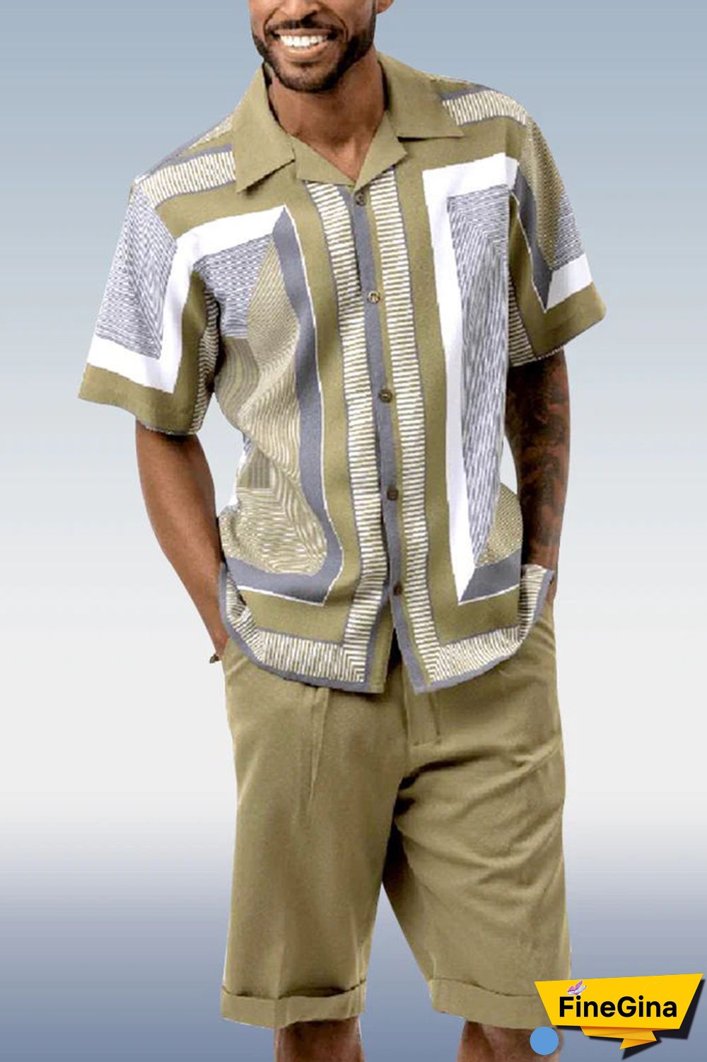 Black White Two Piece Short Sleeve Print Walking Suit Set With Shorts