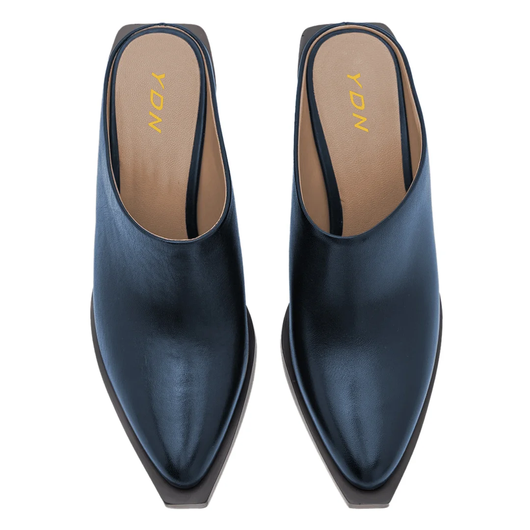 Classic Vegan Leather Snip Toe Block Heel Formal Mules in Dark Blue