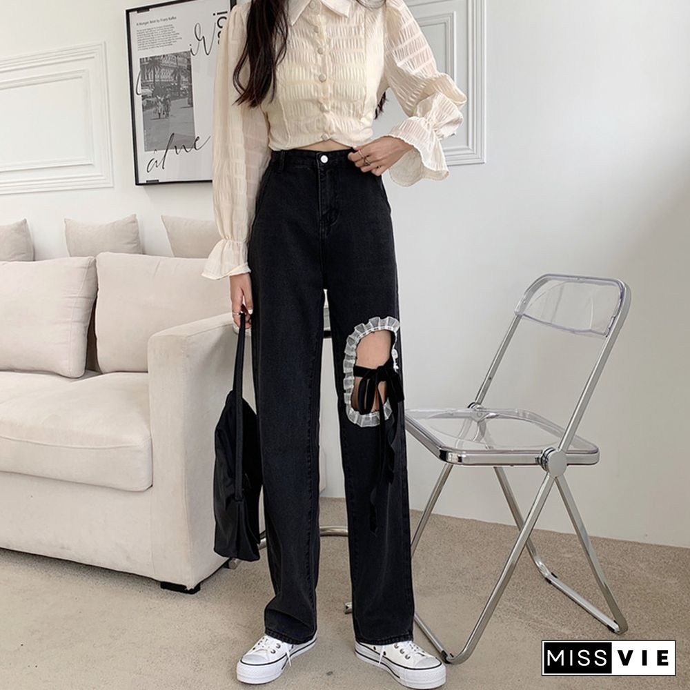 Chic Lace Up Wide Leg Denim Pants