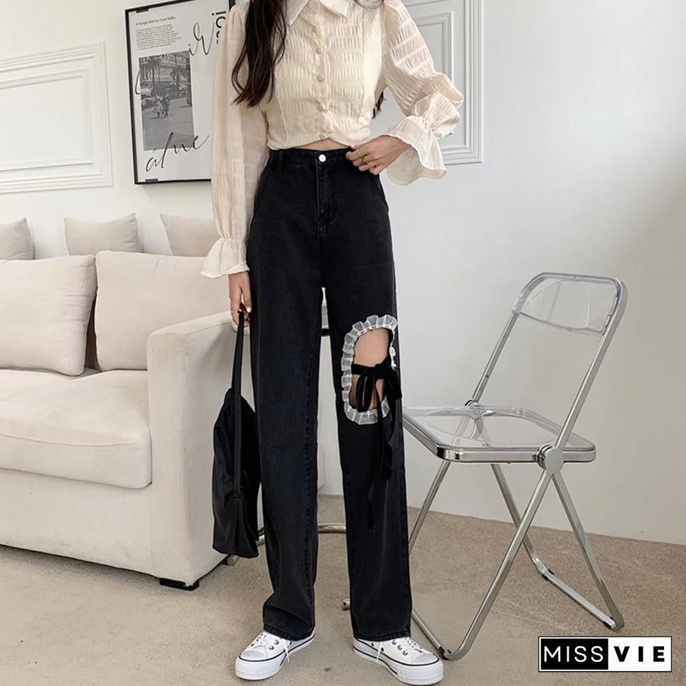 Chic Lace Up Wide Leg Denim Pants