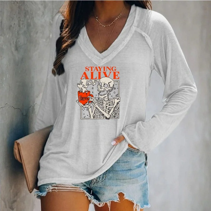 Staying Alive Shirt, Trendy Coffee Shirt, Skull Tshirt for Women,0029