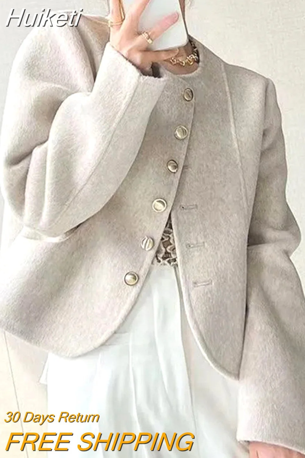 Huiketi French Elegant Tweed Jacket Women Fashion Sweet Single Breasted Coat Fall Winter Long Sleeve O Neck Design Casual Outwear