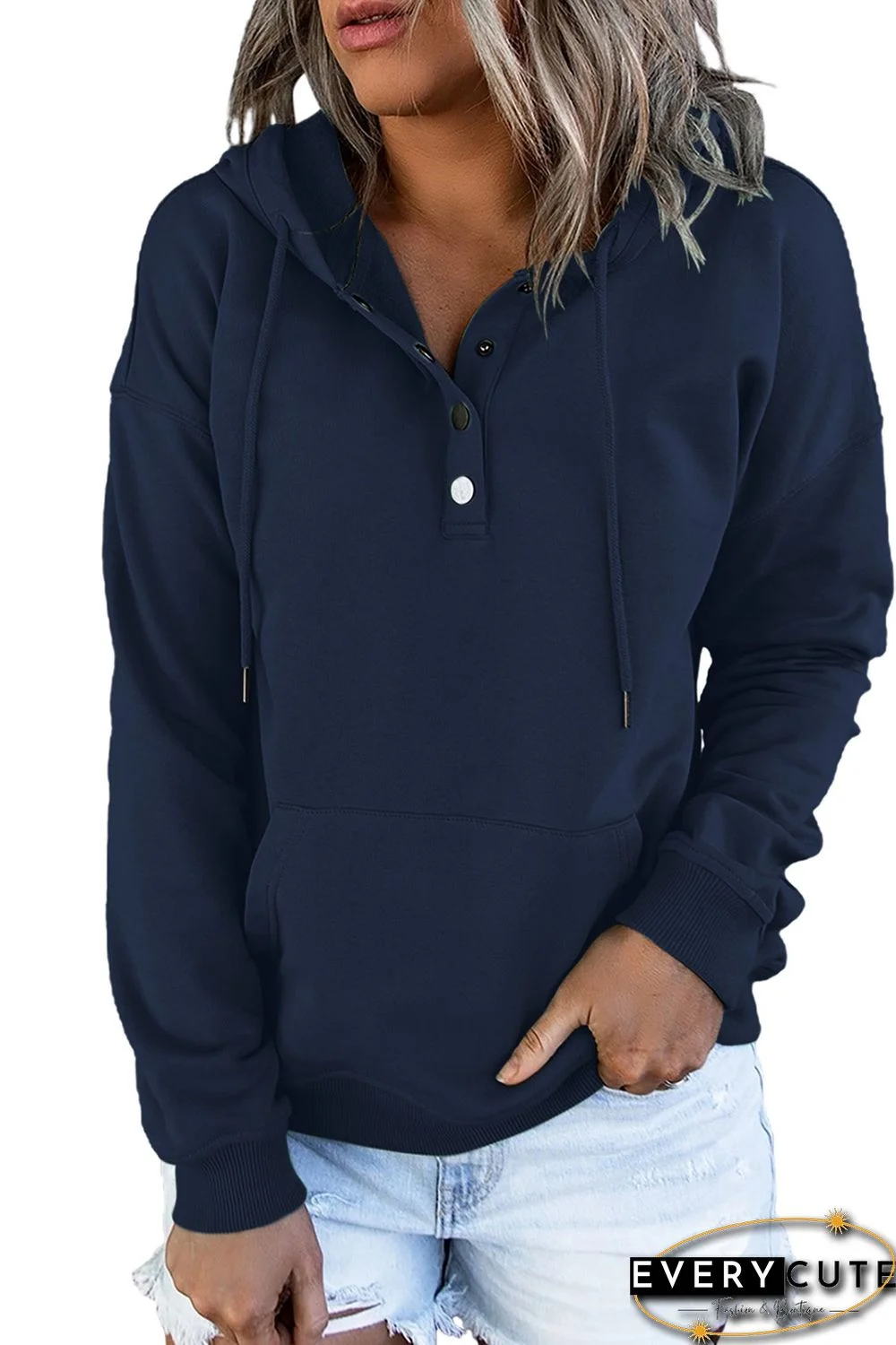 Blue Snap Button Pullover Hoodie with Pocket