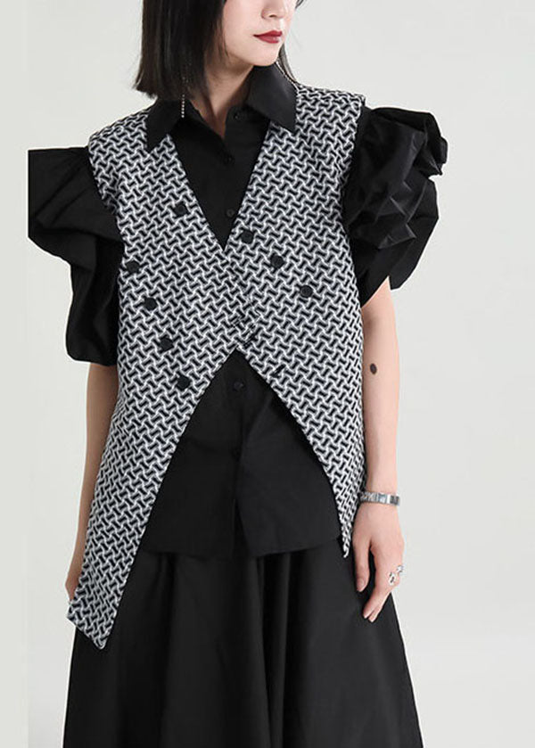 VCSHOES Black Asymmetrical Patchwork Spandex Vest Tops Petal Sleeve