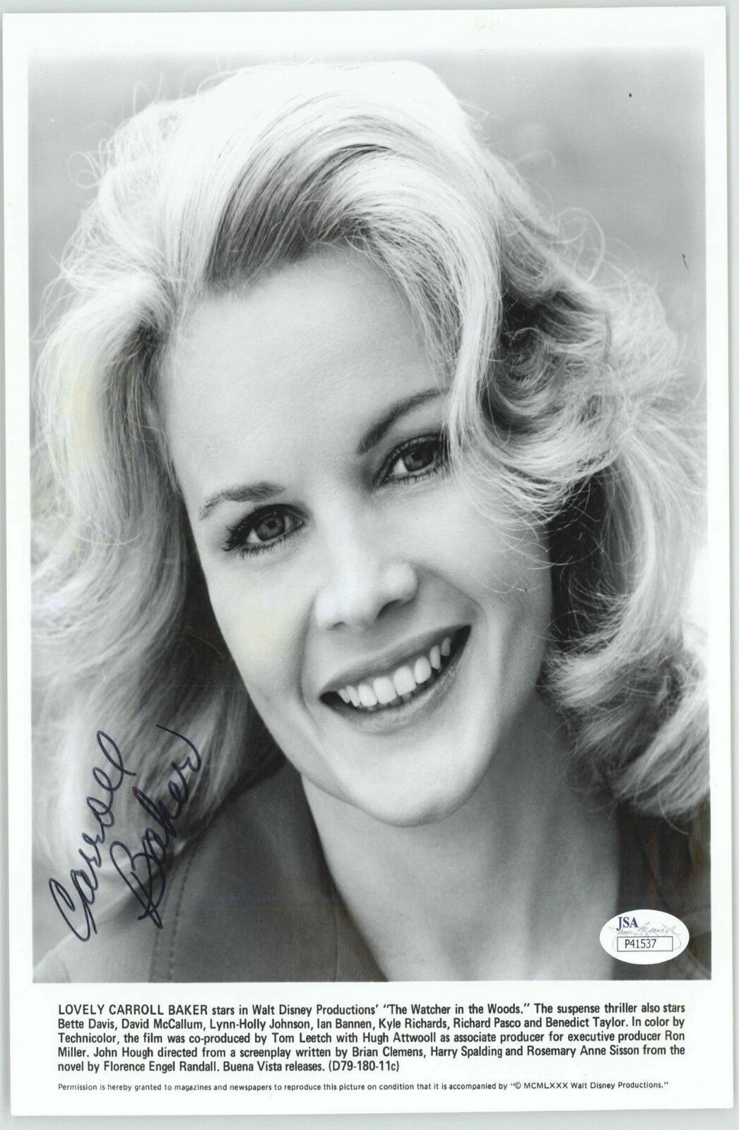 CARROLL BAKER (ACTRESS) SIGNED PROMO THE WATCHER IN THE WOODS 8X10 JSA #P4153