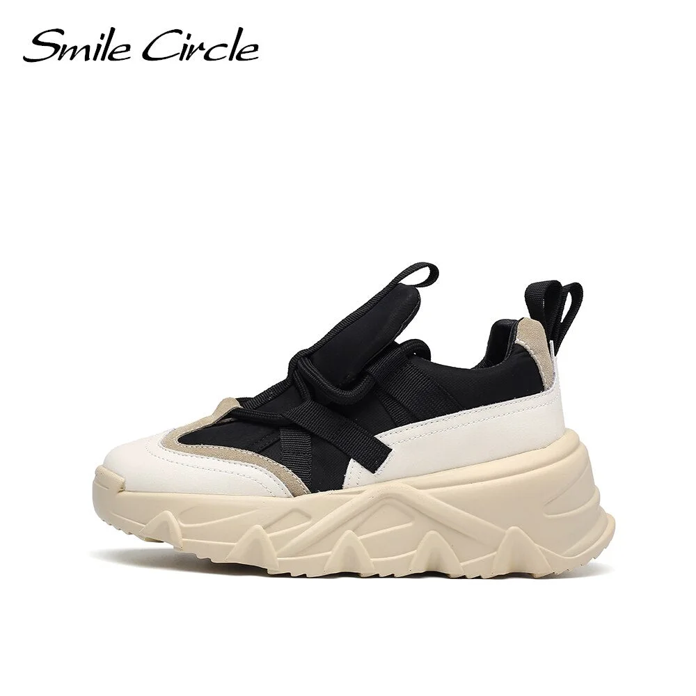 Smile Circle Chunky Sneakers Women Flat Platform Shoes Fashion Lace-up Comfortable 6CM Thick Bottom Casual Shoes for Women