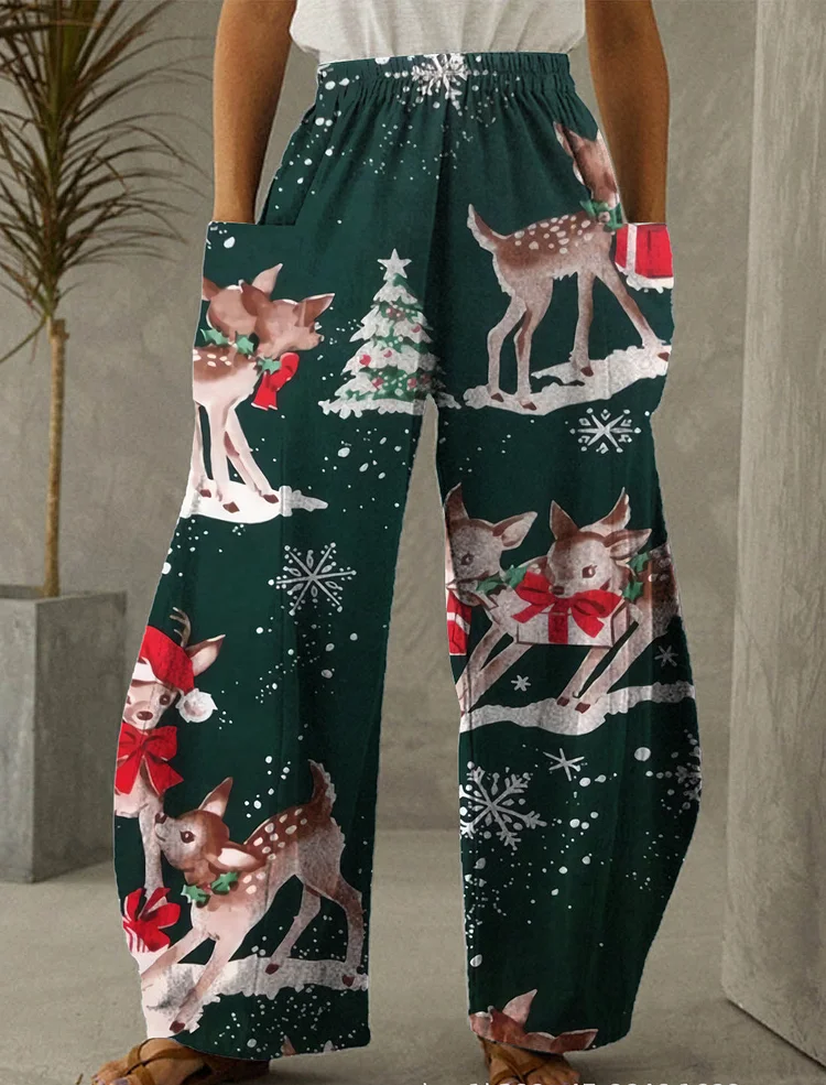 Christmas Dark Green Print Casual Pants