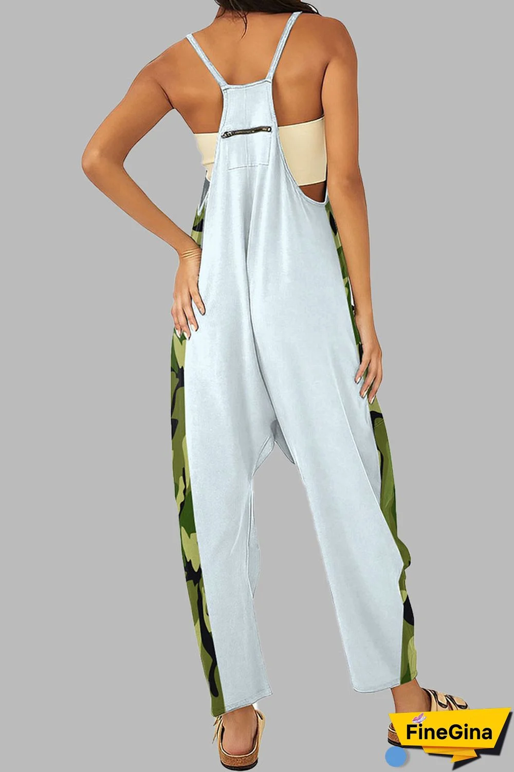 Black khaki Casual Gradual Change Print Patchwork Pocket Zipper Spaghetti Strap Loose Jumpsuits