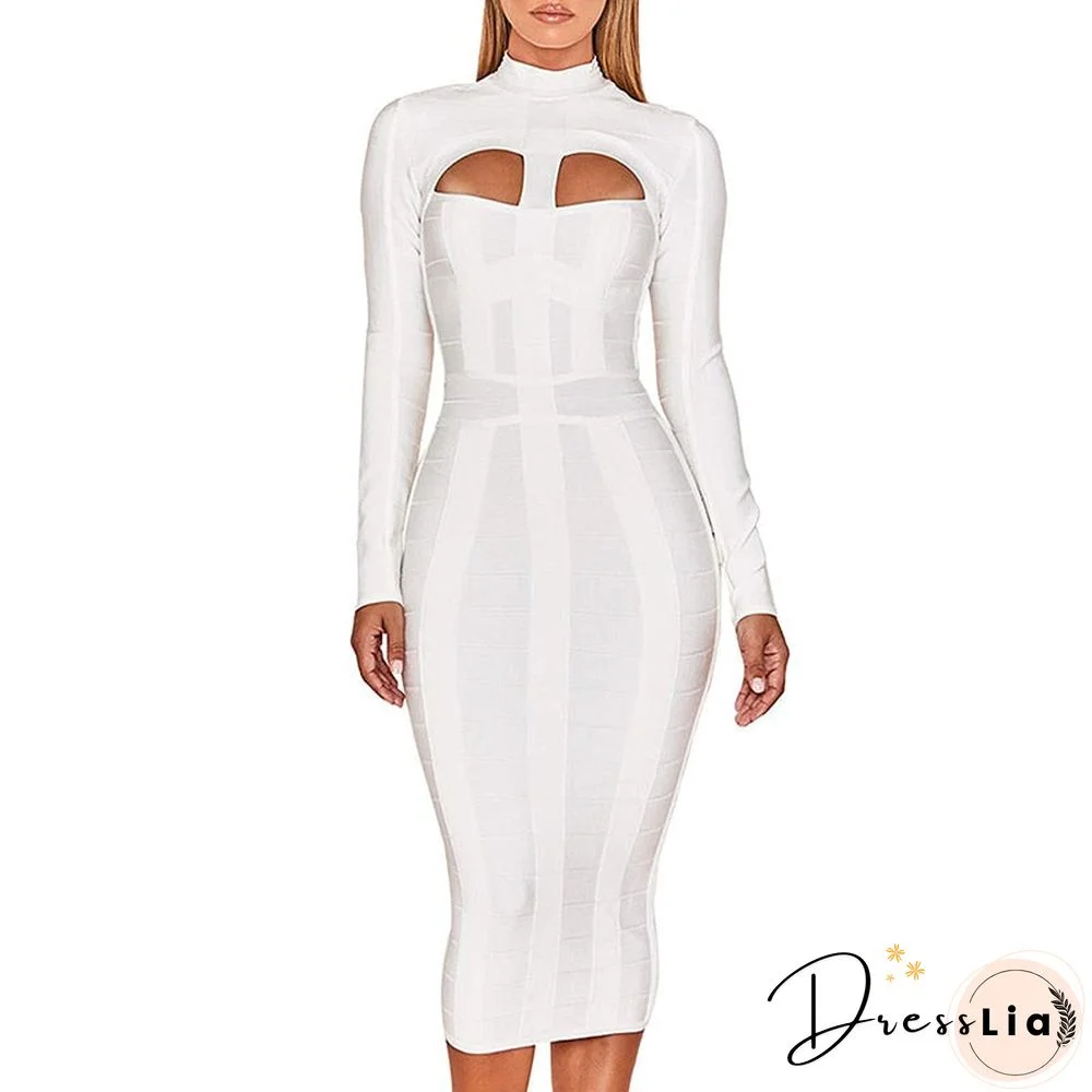 Women White Bandage Dress Bodycon New Arrivals Sexy Cut Out High Neck Long Sleeve Party Rayon Bandage Midi Dress