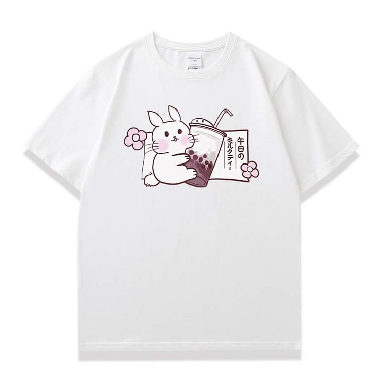 Cartoon Bunny Milk Tea Print Casual T-Shirt - Modakawa modakawa