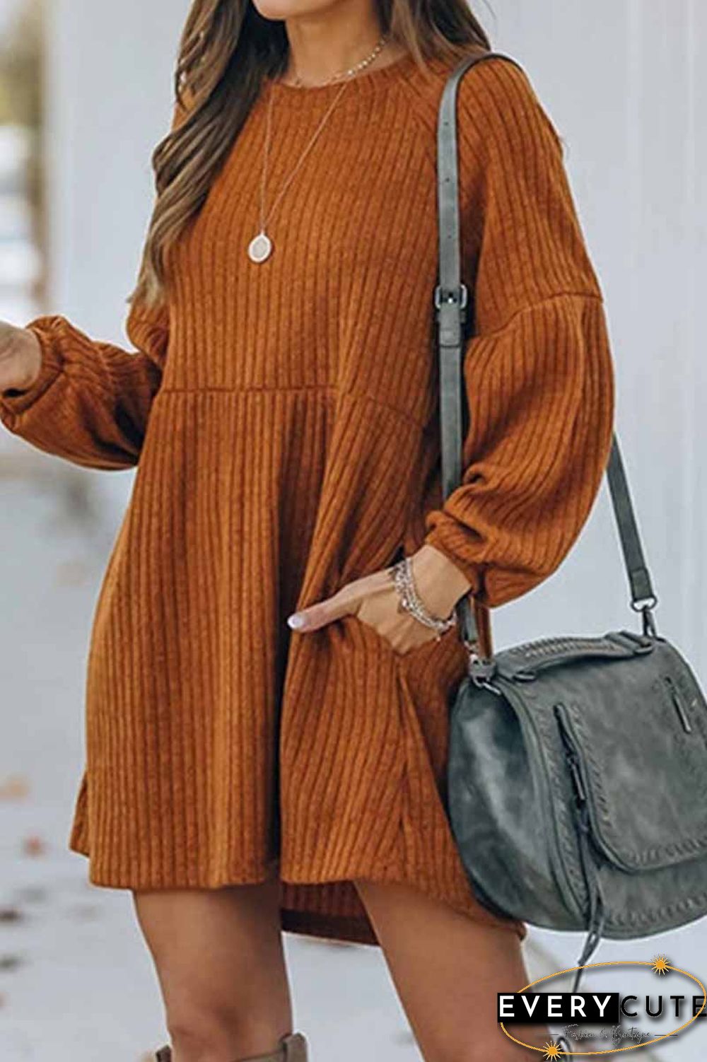 Round Neck Knitted Solid Color Mini Dress