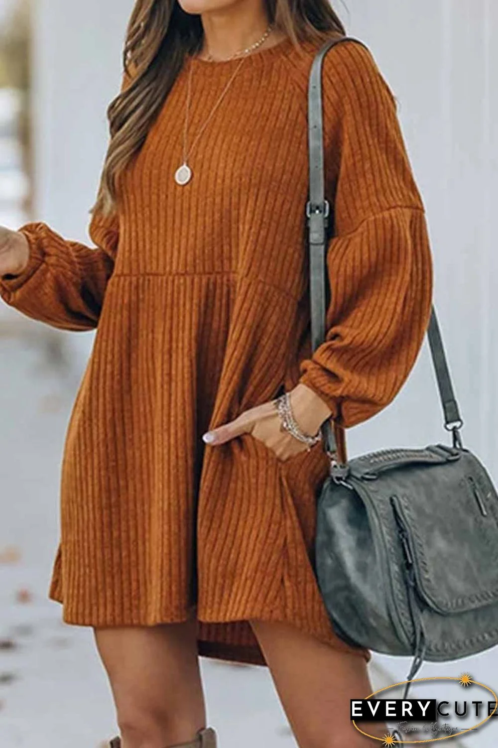 Round Neck Knitted Solid Color Mini Dress