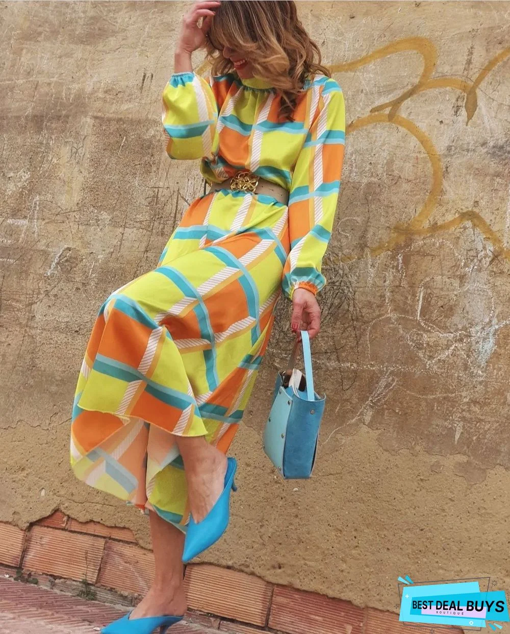 Sleeve Print Waist A-Shaped Dress Plus Size Ladies Dress