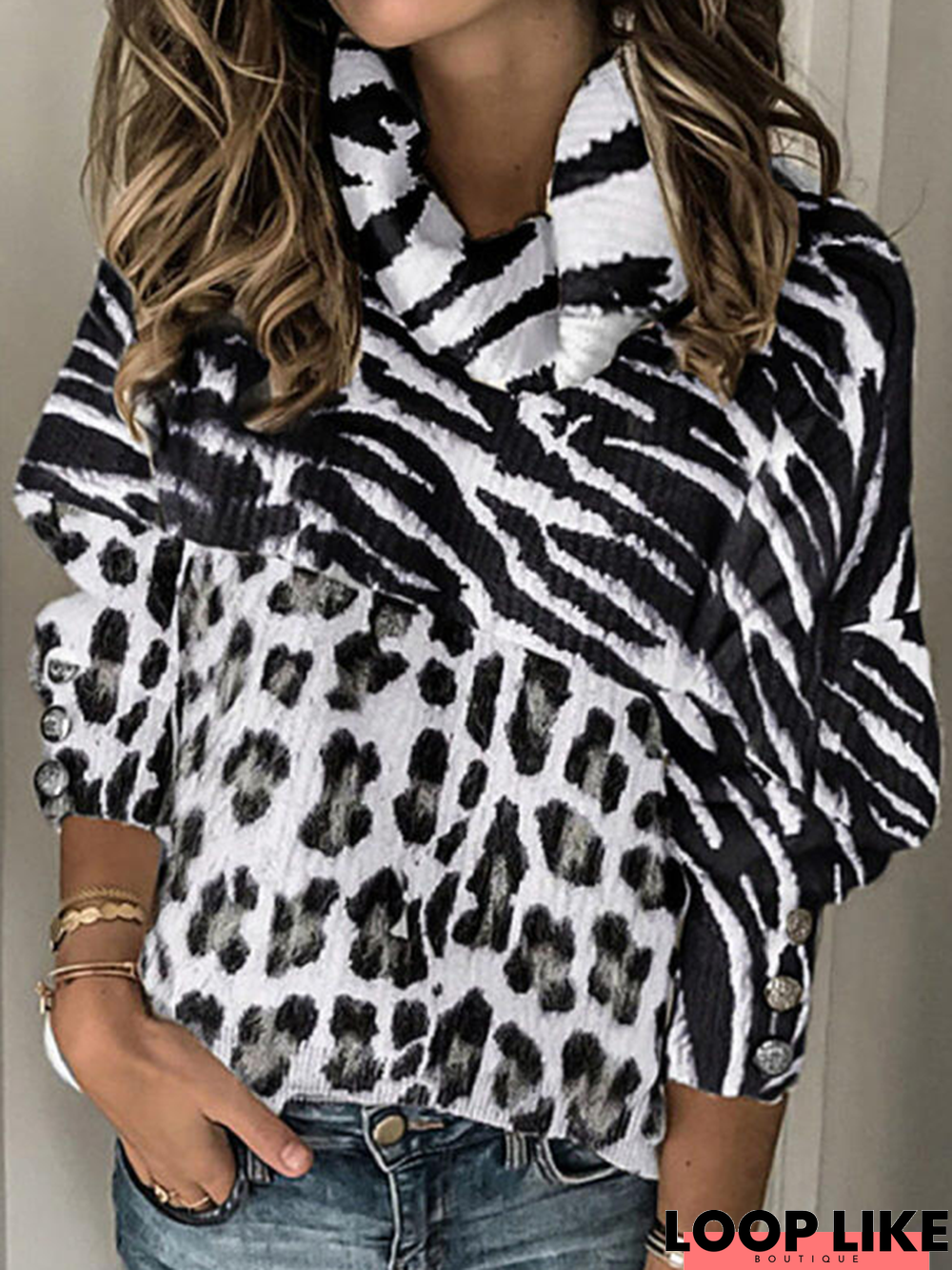 Leopard Cowl neck West Styles/Cows Long sleeve Tops