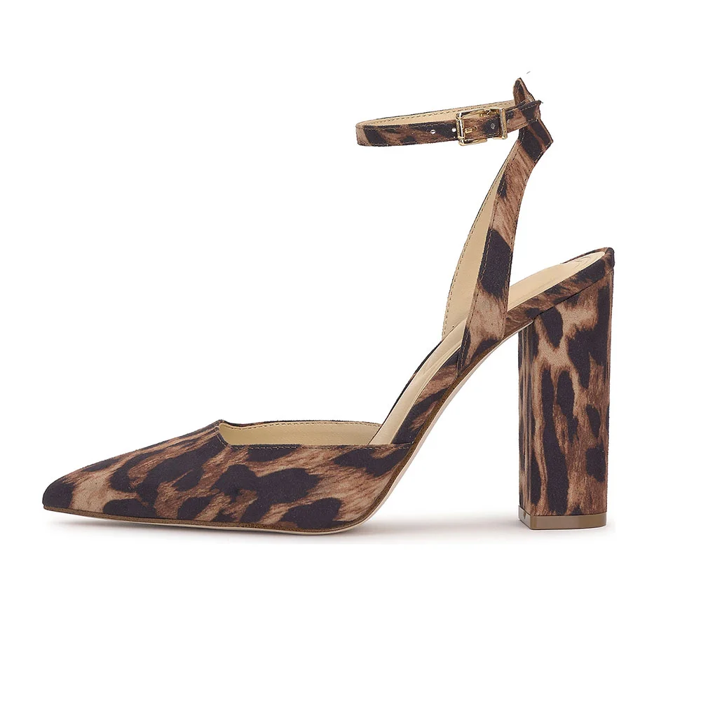 Brown Leopard Pattern Buckle Ankle Strap Pointed Toe Heels Pumps