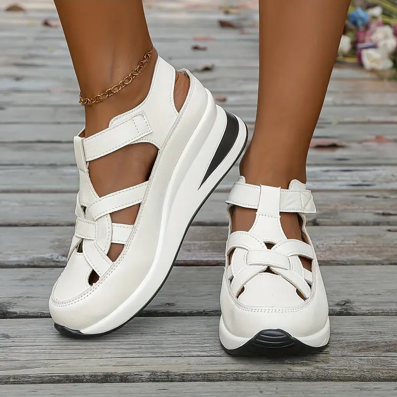 womens casual athletic sandals round toe closed back cut out design strap thick sole cover black white beige more strappy sandals details 0