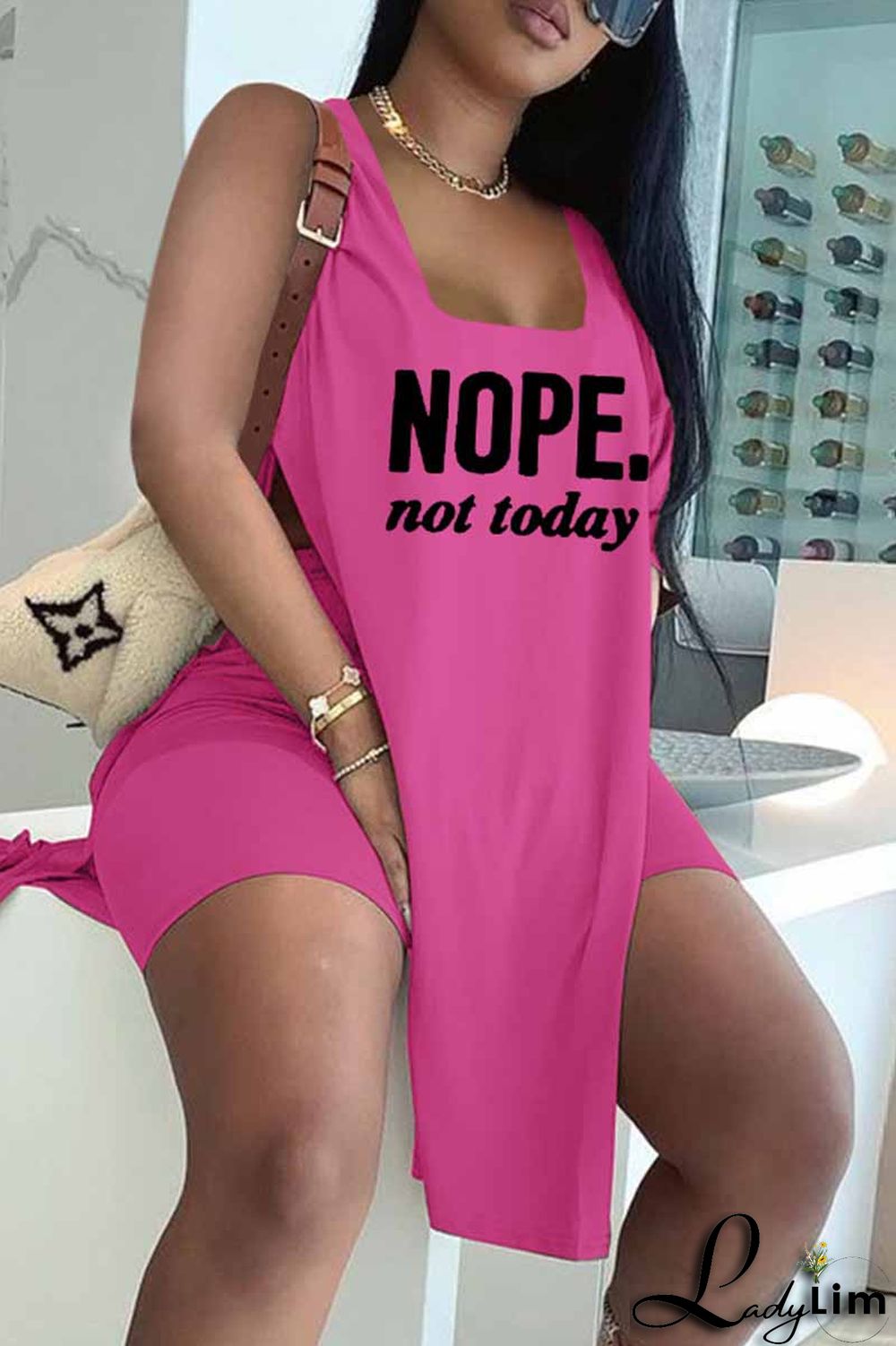 Red Fashion Casual Letter Print Slit U Neck Sleeveless Two Pieces