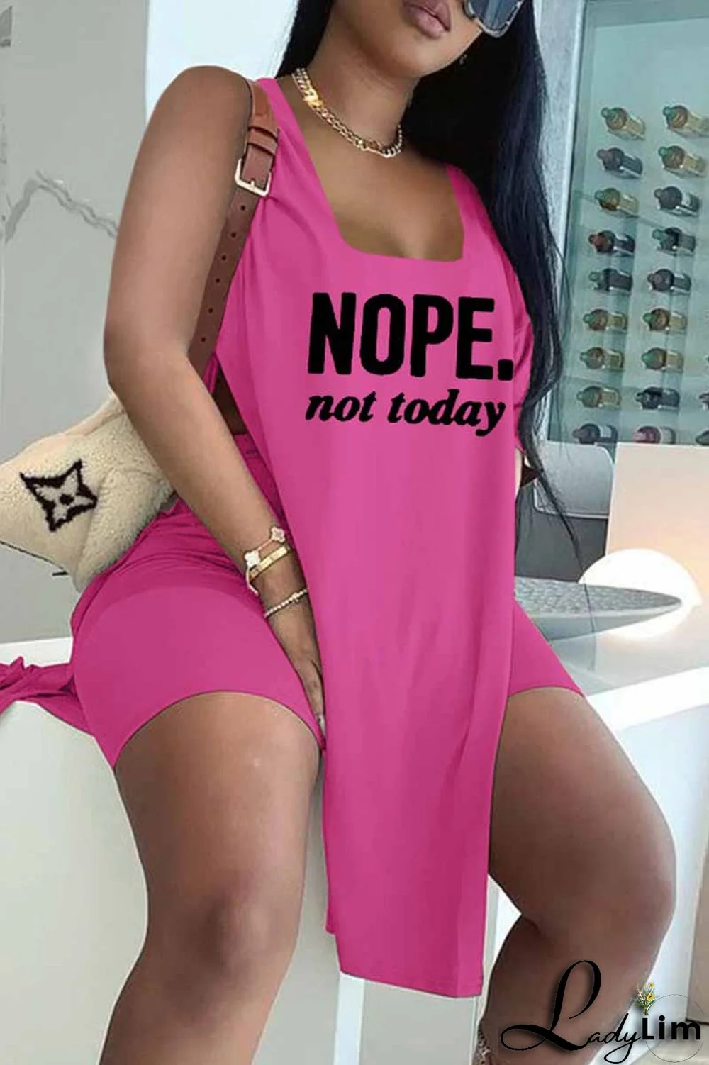 Red Fashion Casual Letter Print Slit U Neck Sleeveless Two Pieces