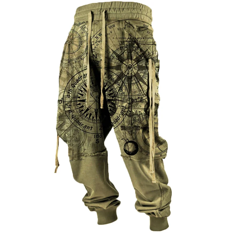 Men's Outdoor Vintage Nautical Compass Print Trousers